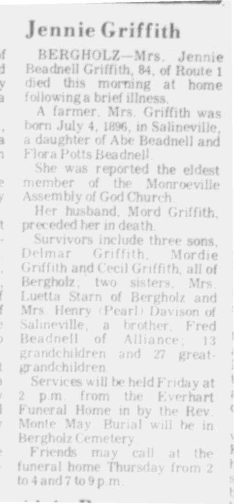 Jennie Beadnell Griffith Obit